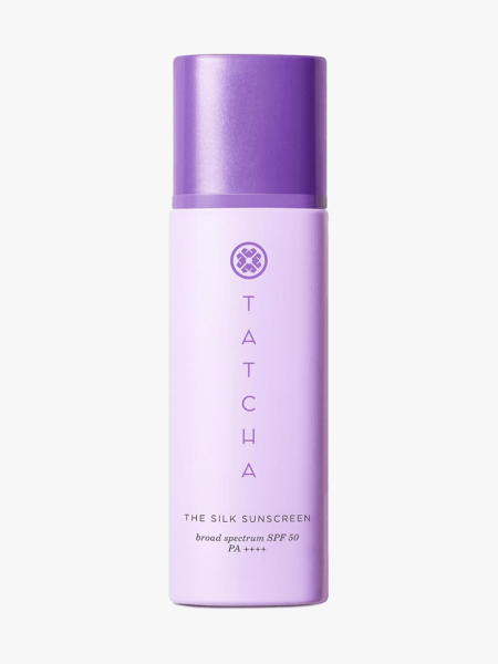 Tatcha The Silk Sunscreen SPF 50 Weightless Mineral Sunscreen in branded bottle component on a light gray background