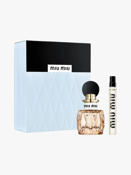 Miu Miu Miutine Eau de Parfum Perfume Gift Set in branded components on a light gray background